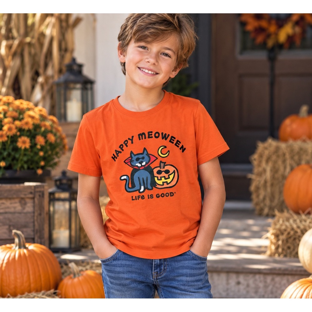 Life is Good Kids Orange Happy Meoween Cat Pumpkin Crusher Tee Shirt M